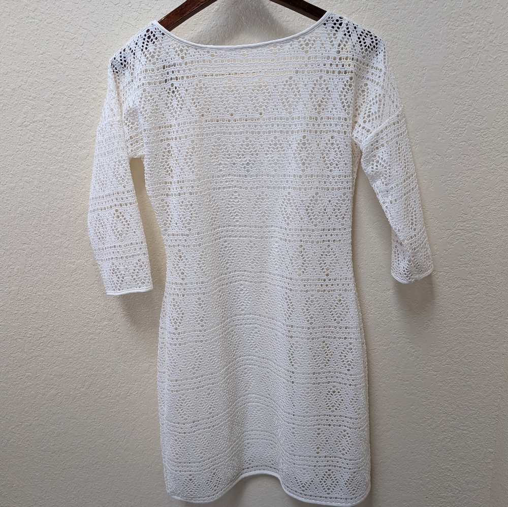 Express Womens White Lined Bodycon Dress Open Lace 3/4 Sleeve. Size Small - Picture 3 of 4